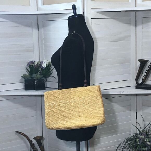 Vintage Yellow Straw Woven Shoulder Bag Wooden Beads - Picture 2 of 8